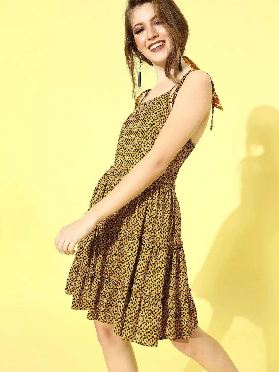 berrylush yellow & black animal printed tiered fit & flare dress