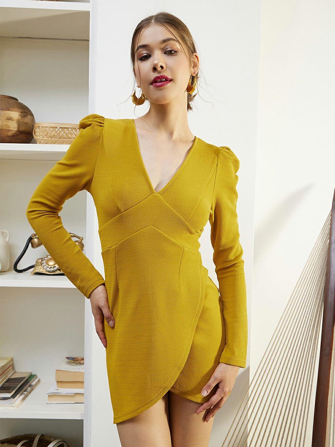 berrylush yellow puff sleeves v-neck wrap mini dress