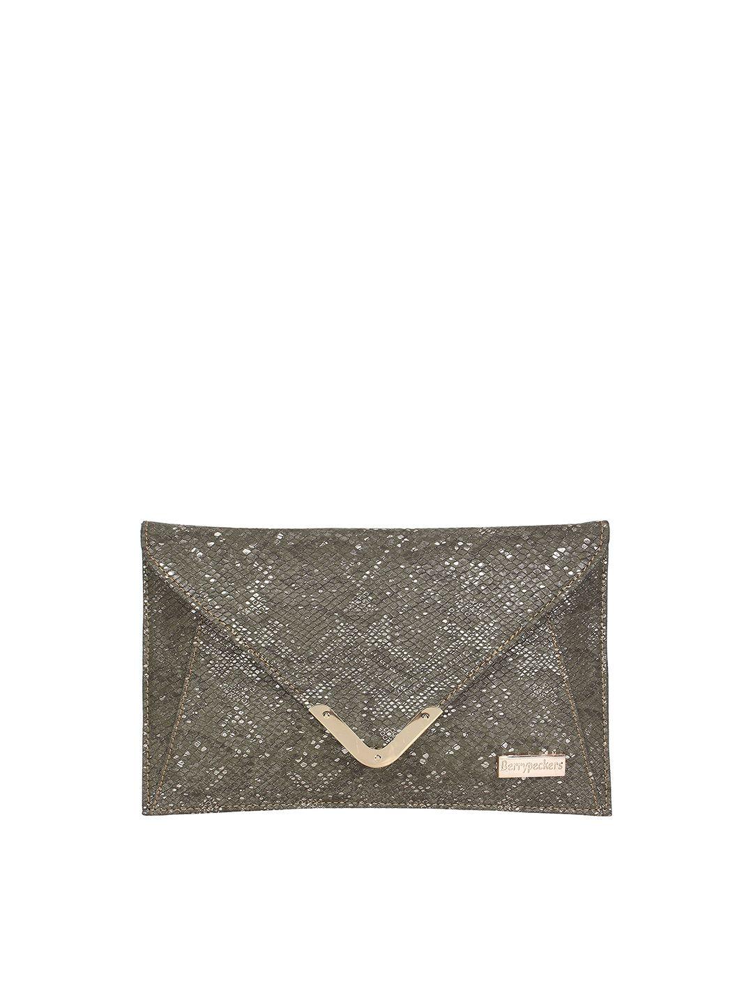 berrypeckers olive green & gold-toned textured animal print purse