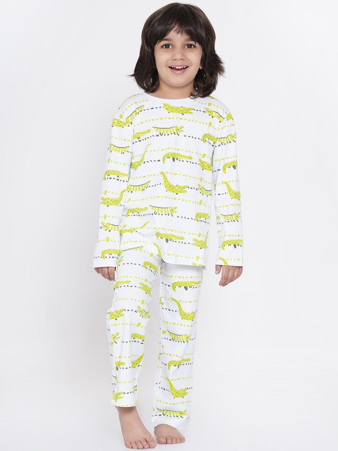 berrytree boys white & lime green printed organic cotton night suit