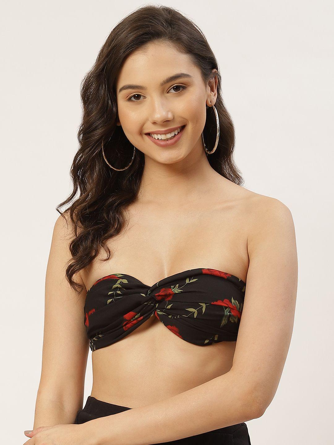 besiva black & red floral off-shoulder twisted bralette crop top