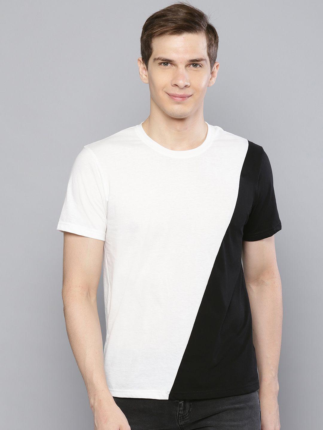 besiva men white & black colourblocked round neck t-shirt