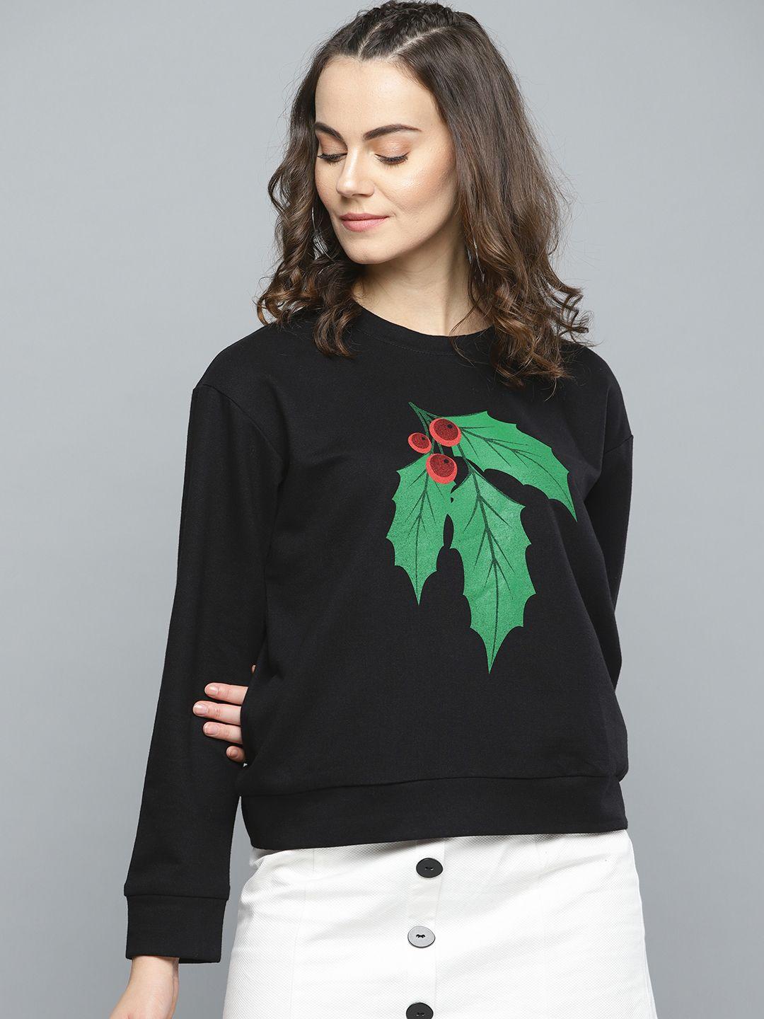 besiva women black & green printed sweatshirt