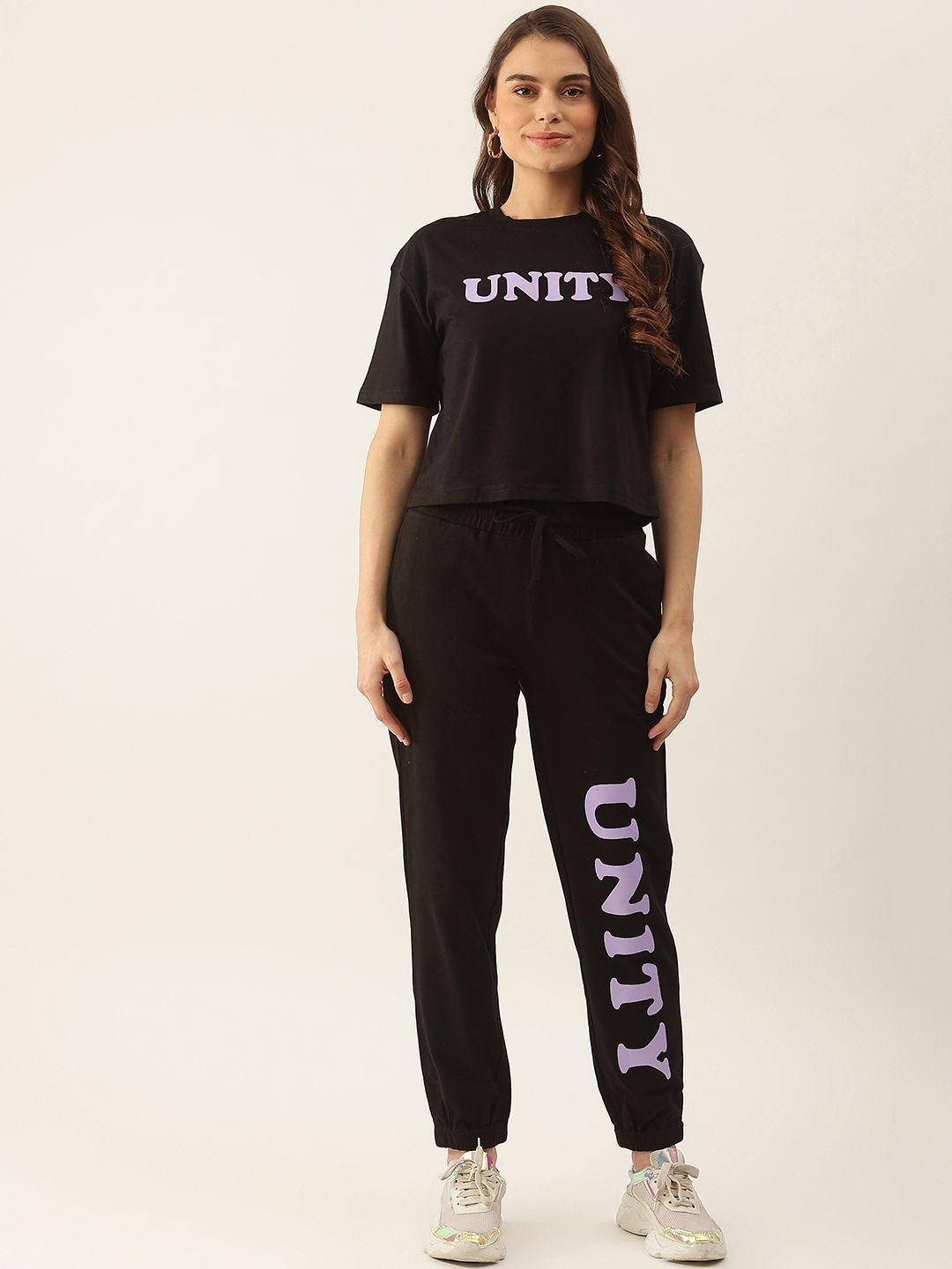 besiva women black & lavender typography print t-shirt with joggers co-ords