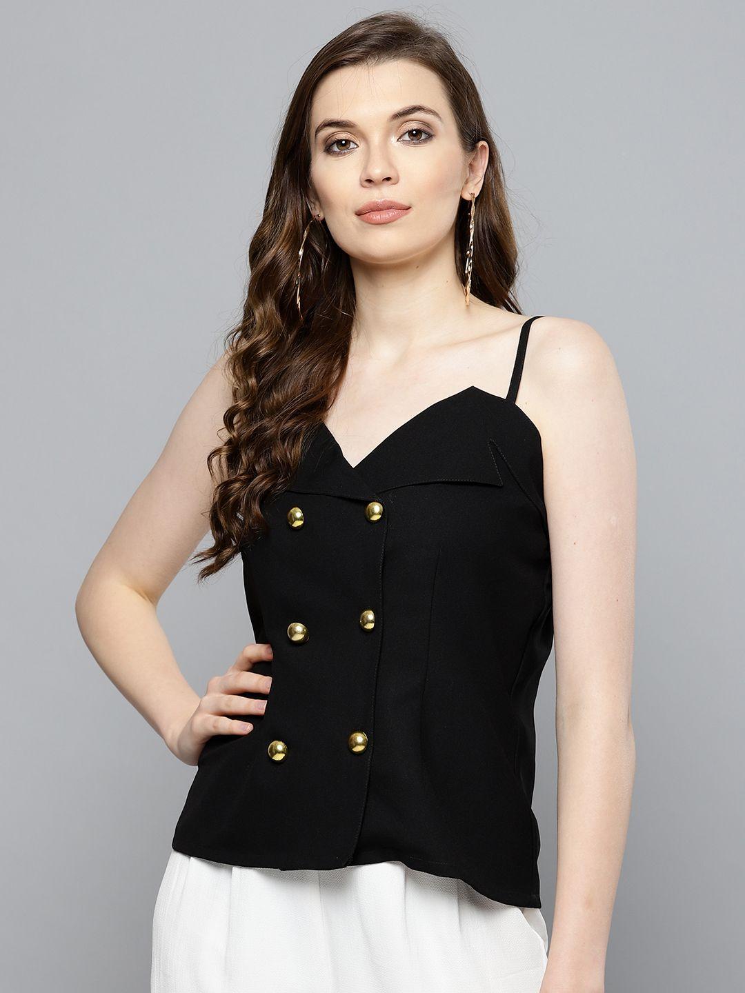 besiva women black solid double-breasted top