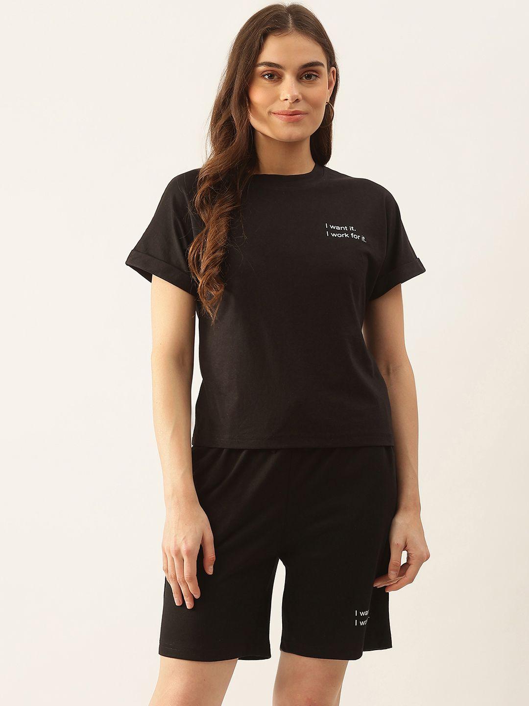 besiva women black solid t-shirt with shorts co-ords