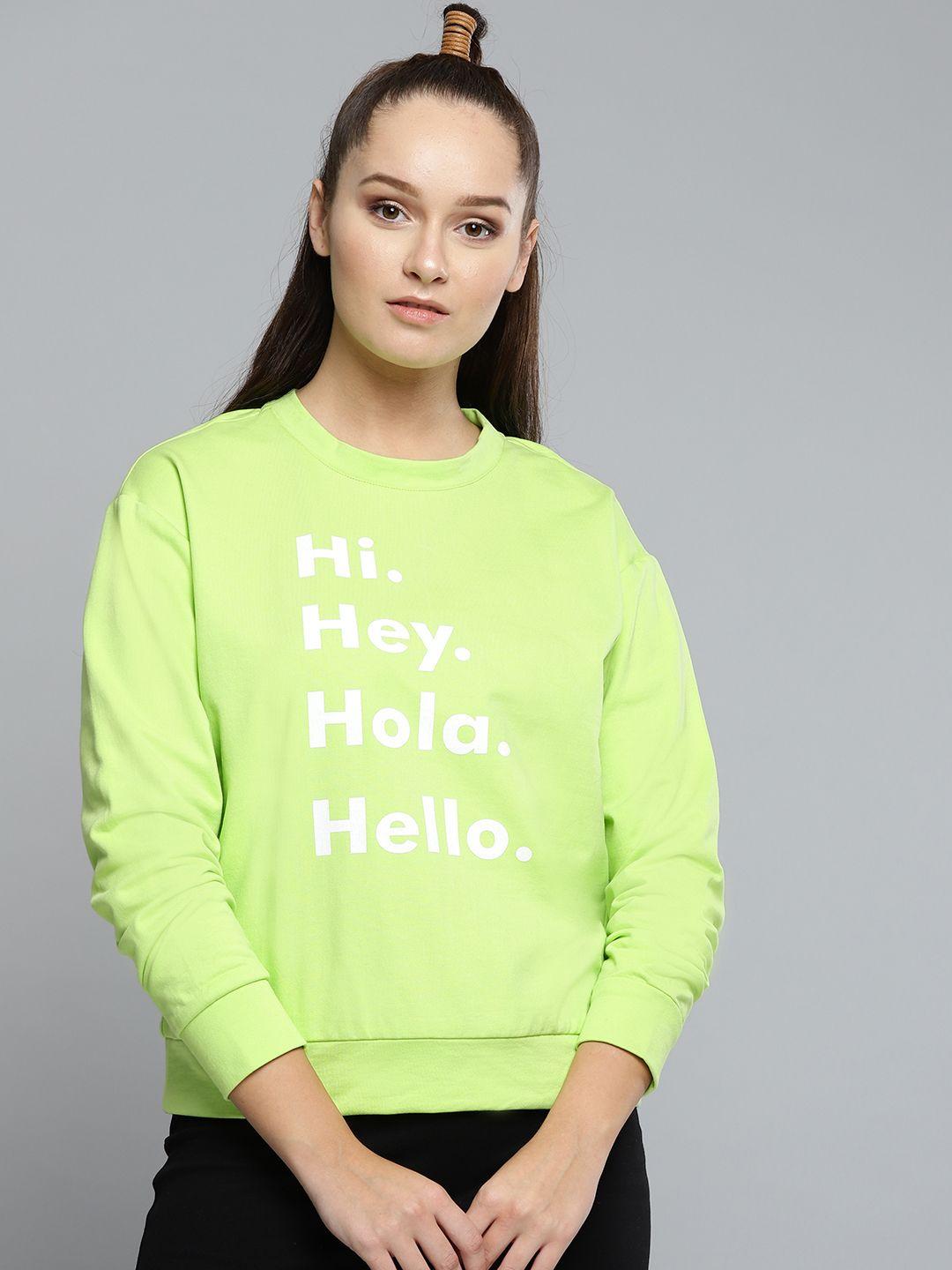 besiva women fluorescent green & white printed sweatshirt