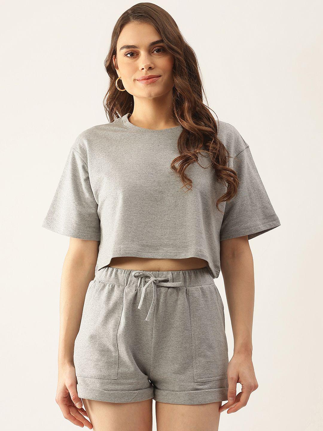 besiva women grey solid t-shirt & shorts