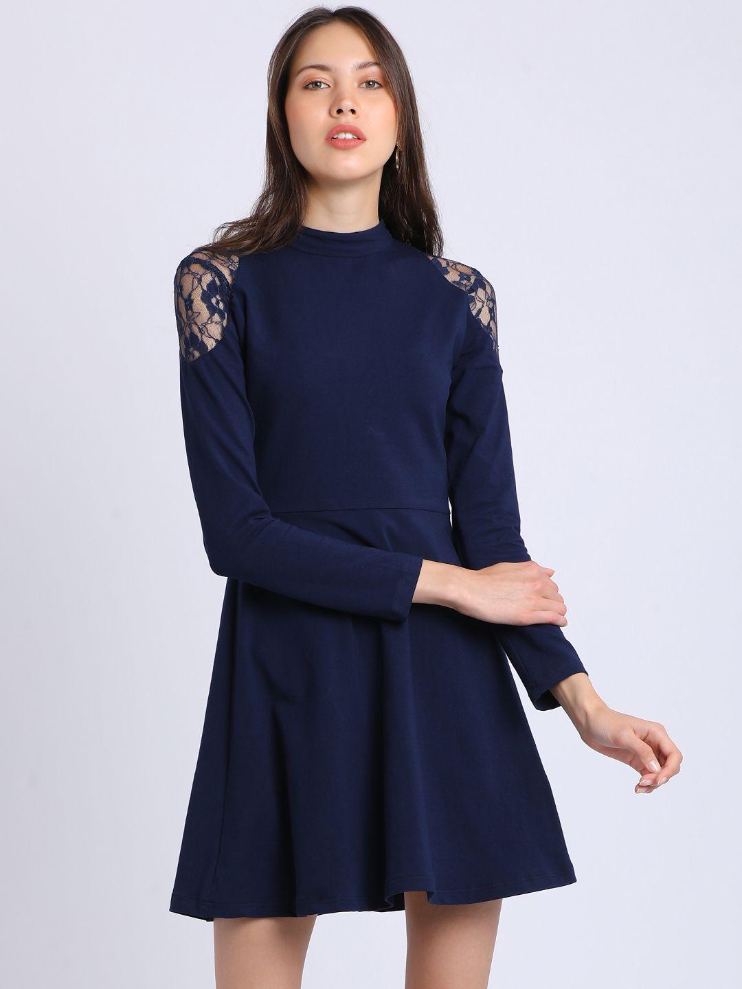 besiva women navy blue self design fit and flare dress