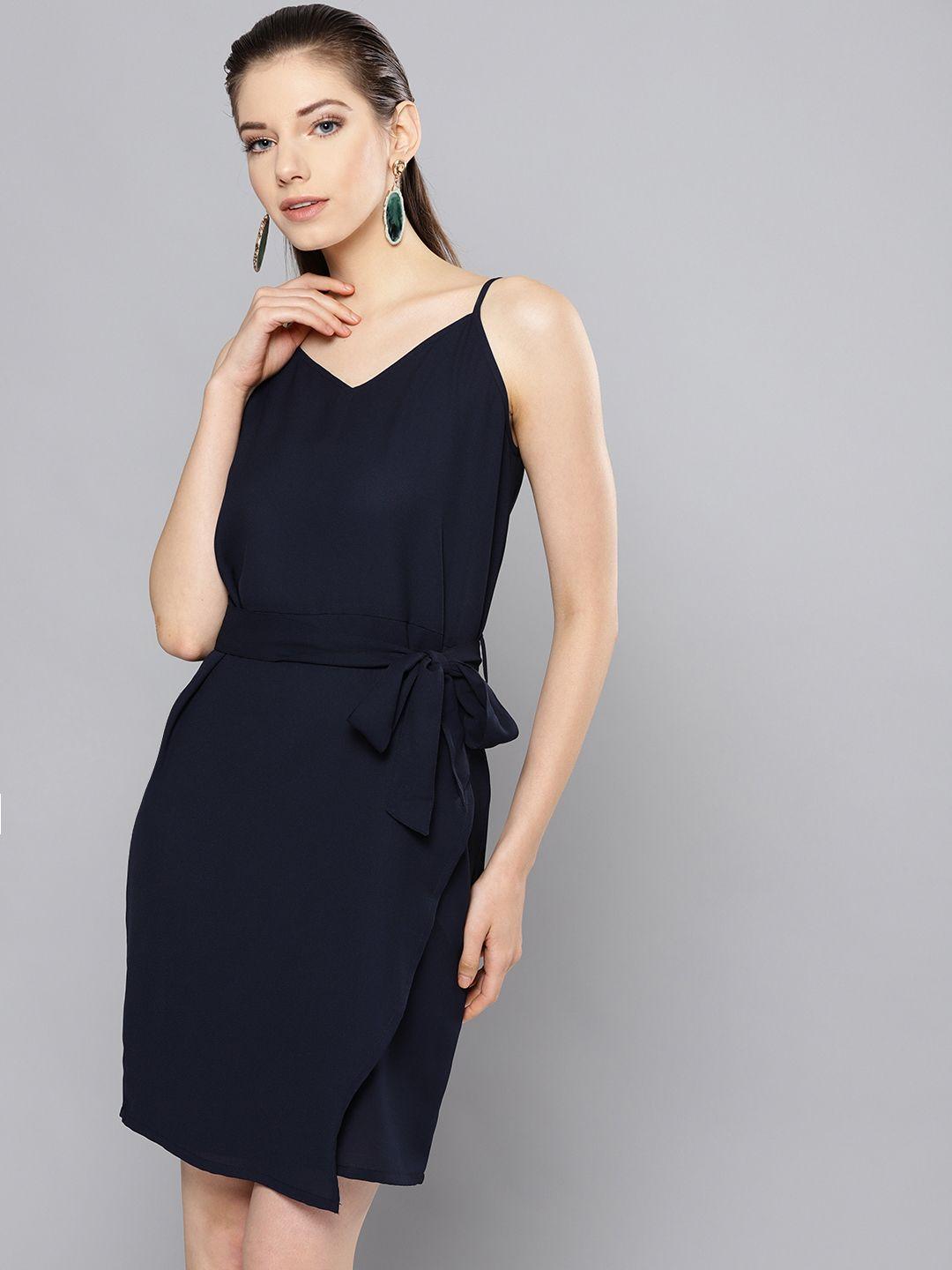 besiva women navy blue solid wrap dress
