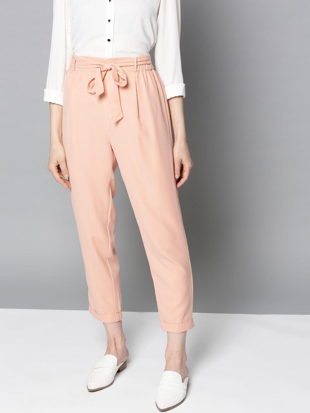 besiva women peach-coloured regular fit solid trousers