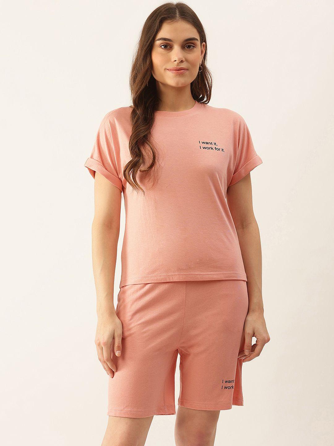 besiva women peach-coloured solid t-shirt with shorts co-ords