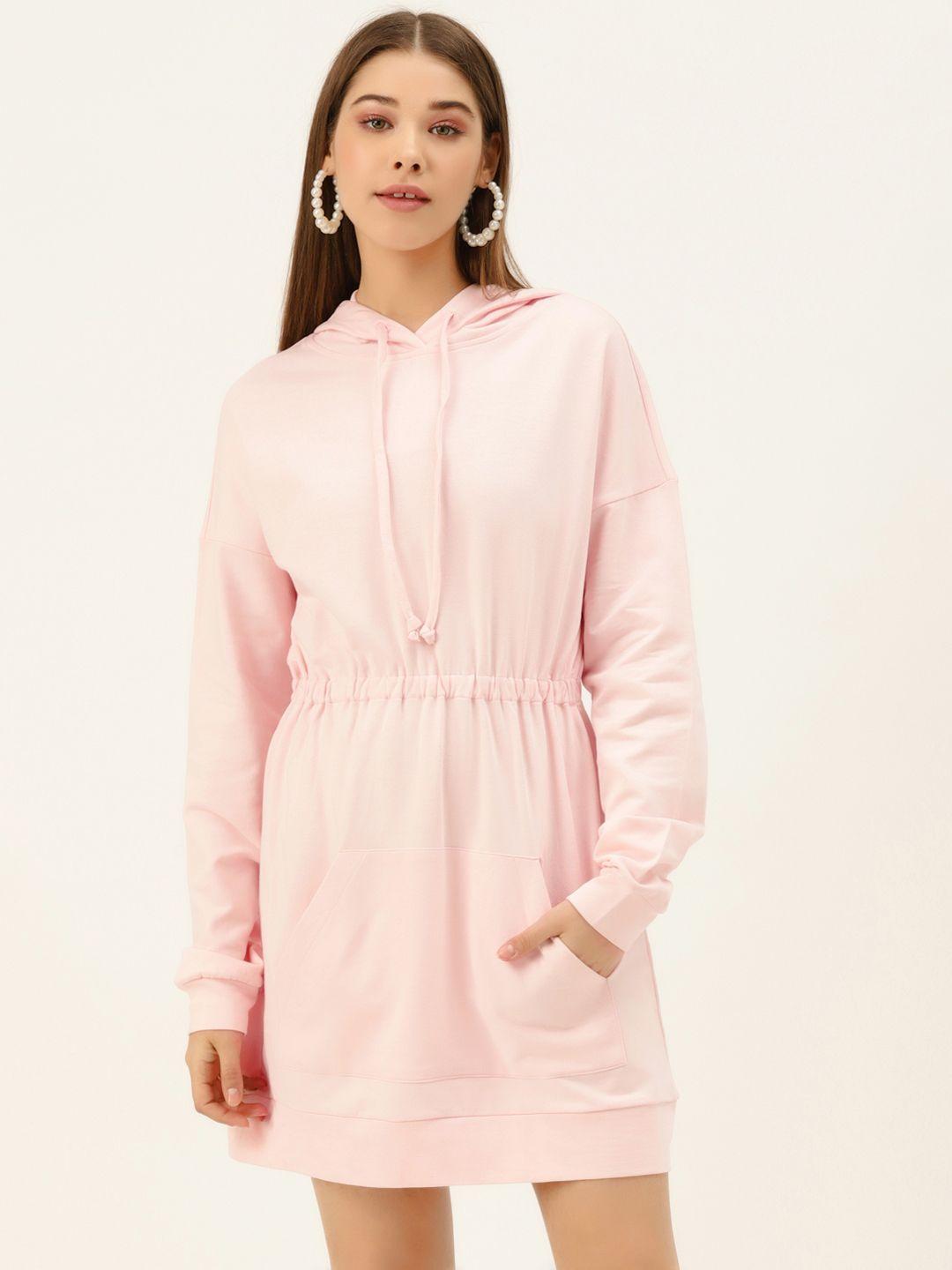 besiva women pink pure cotton solid hooded sweatshirt dress