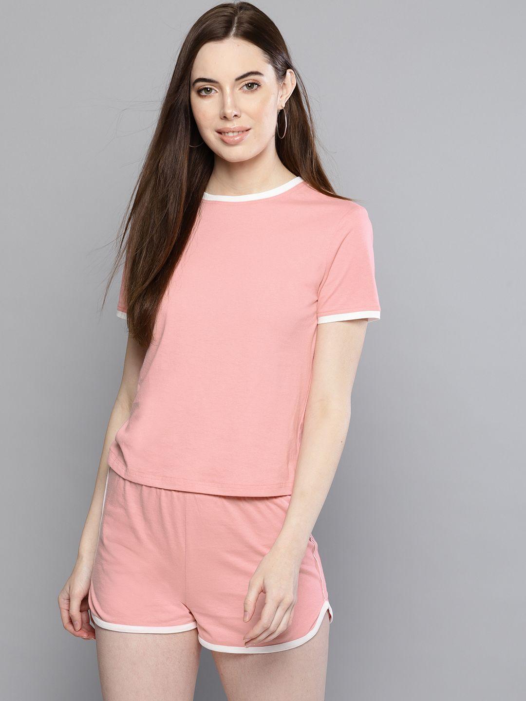 besiva women pink solid t-shirt with shorts