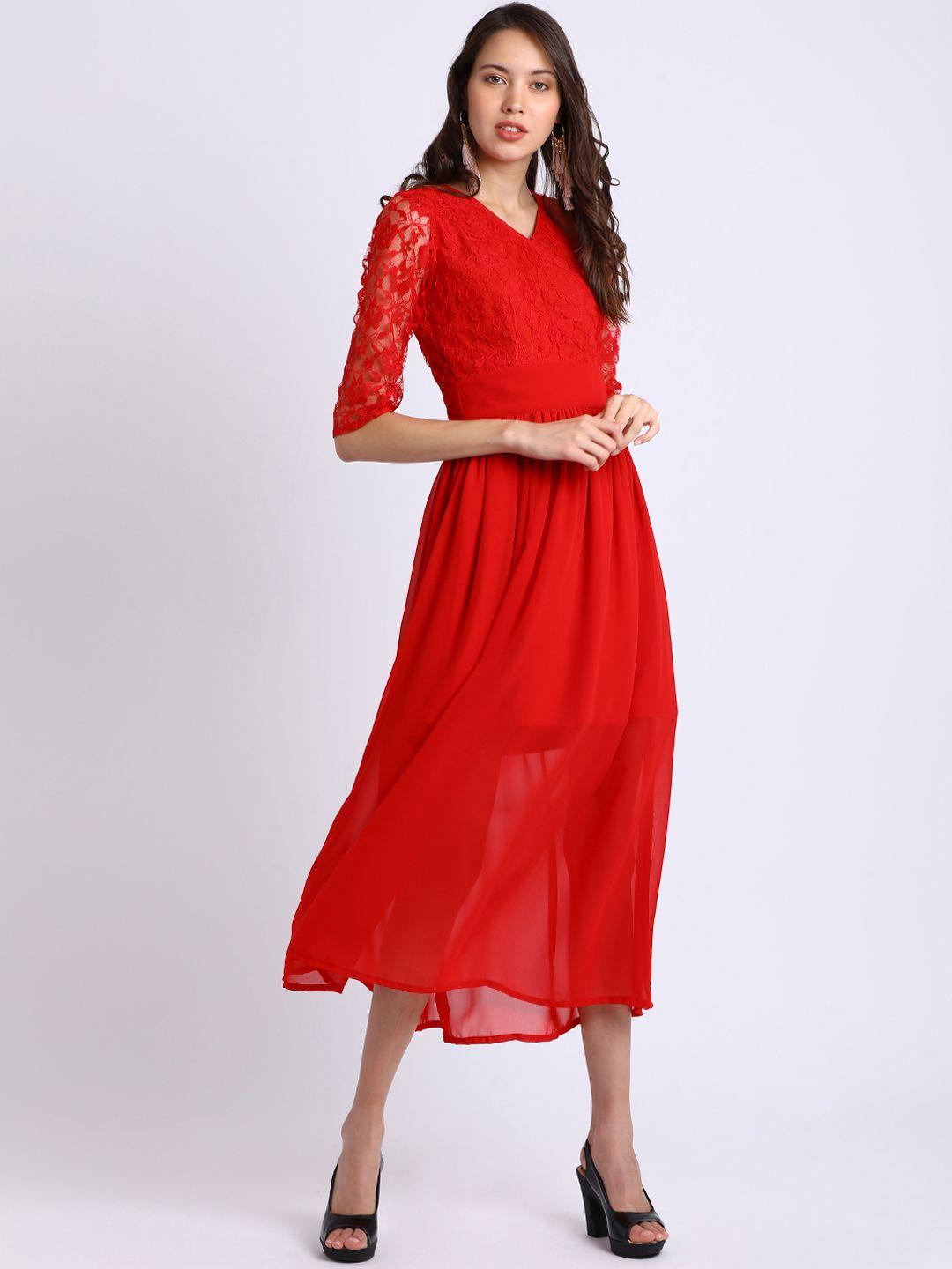 besiva women red self design fit and flare dress