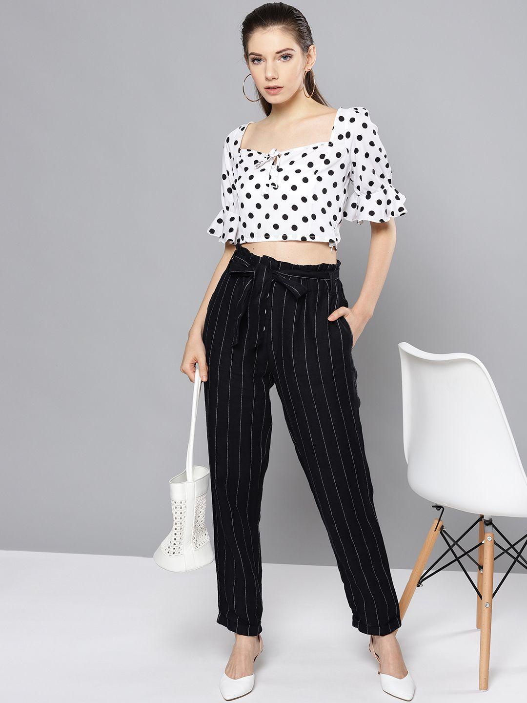 besiva women white & black polka dots print crop top