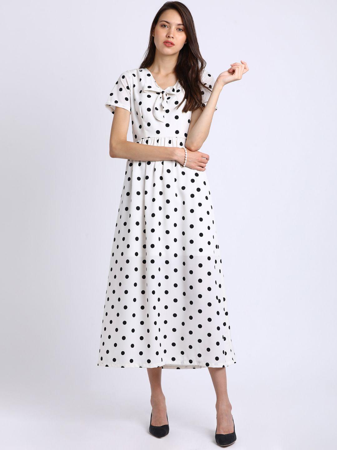 besiva women white polka dots printed fit and flare dress