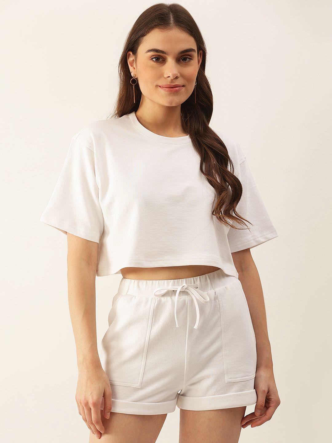 besiva women white solid pure cotton crop t-shirt with shorts co-ords