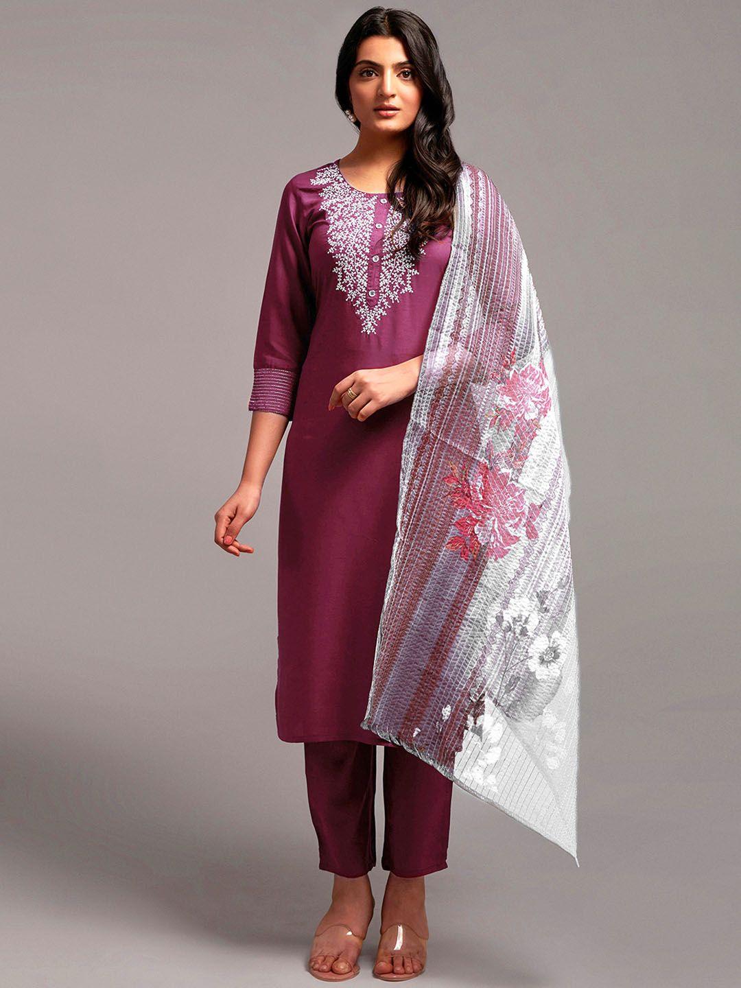 besucher floral embroidered round neck straight kurta with trousers & dupatta
