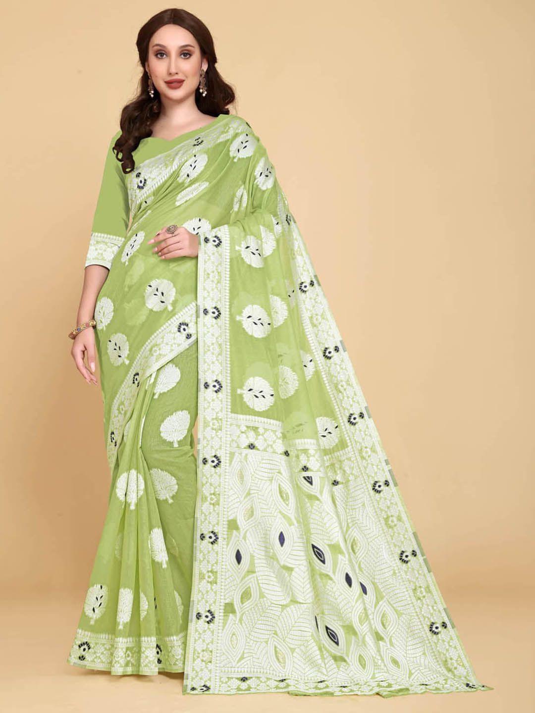besucher olive green & blue woven design zari silk cotton jamdani saree