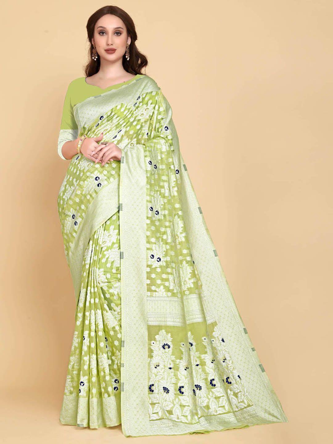 besucher olive green & white woven design silk cotton jamdani saree