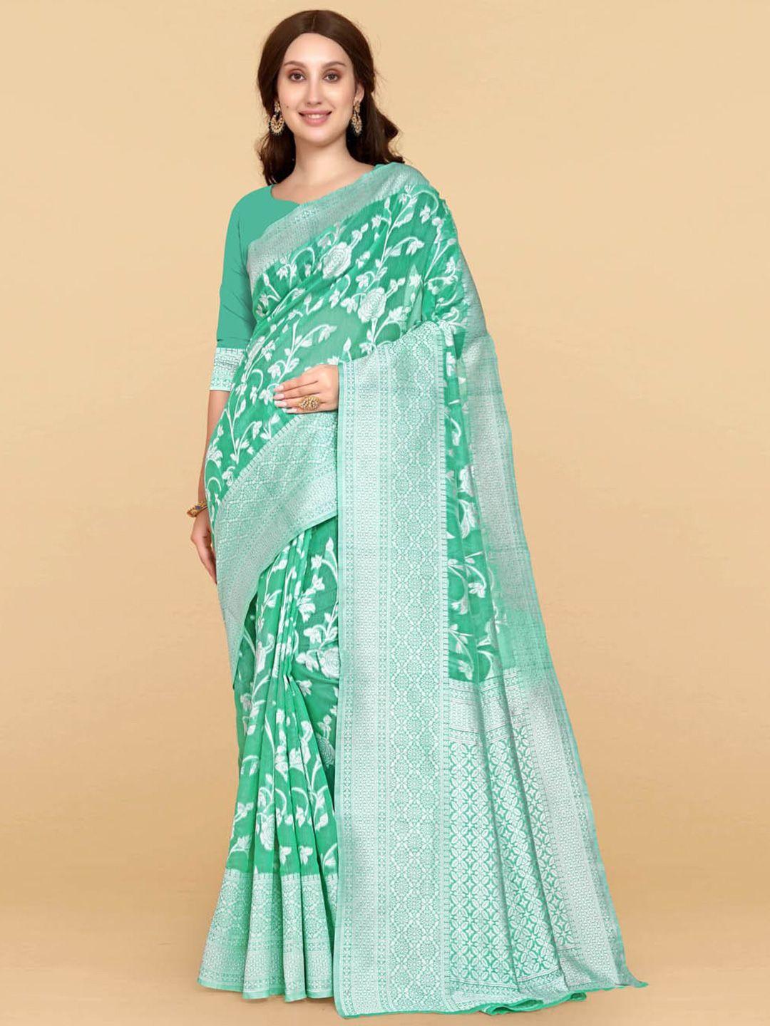 besucher teal & silver-toned woven design zari silk cotton jamdani saree