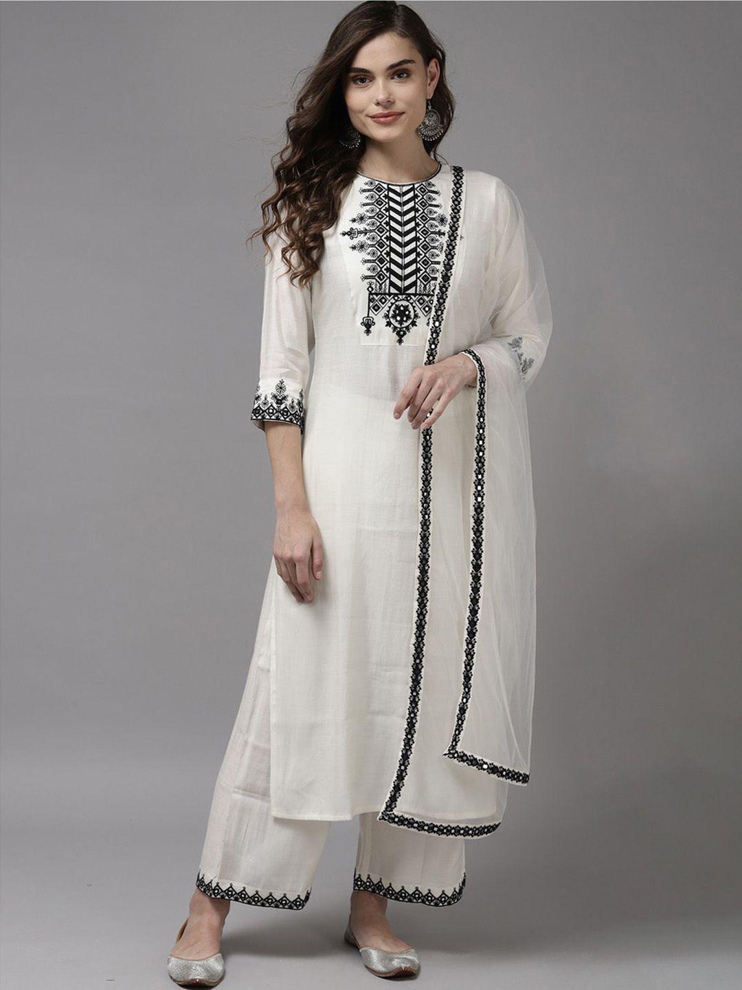 besucher ethnic motifs embroidered mirror work kurta with palazzos & dupatta