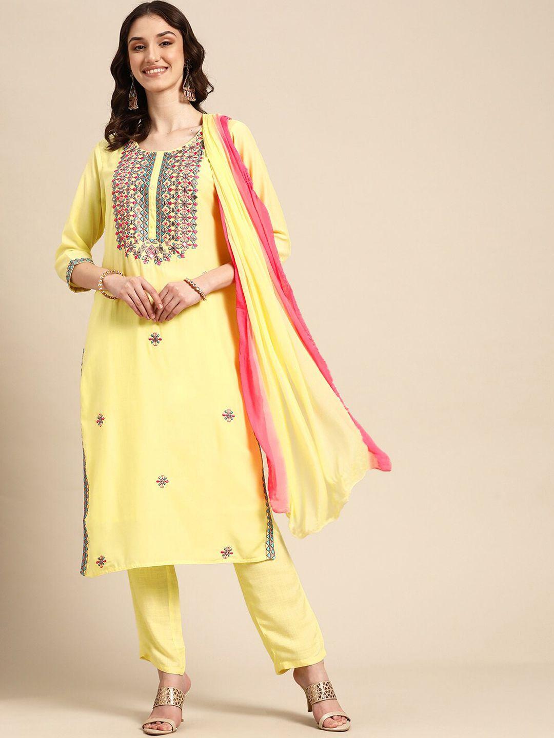 besucher ethnic motifs embroidered mirror work kurta with trousers & dupatta