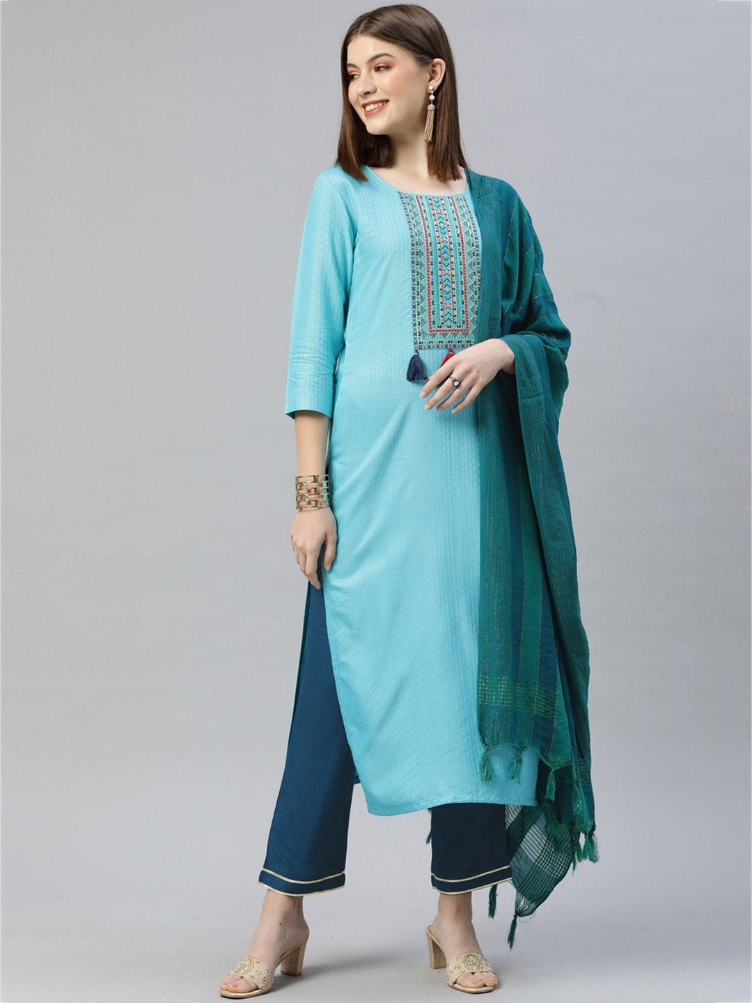 besucher ethnic motifs embroidered pure cotton kurta with trousers & dupatta