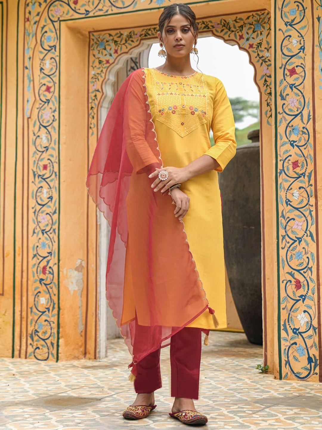 besucher ethnic motifs embroidered sequinned kurta with salwar & with dupatta