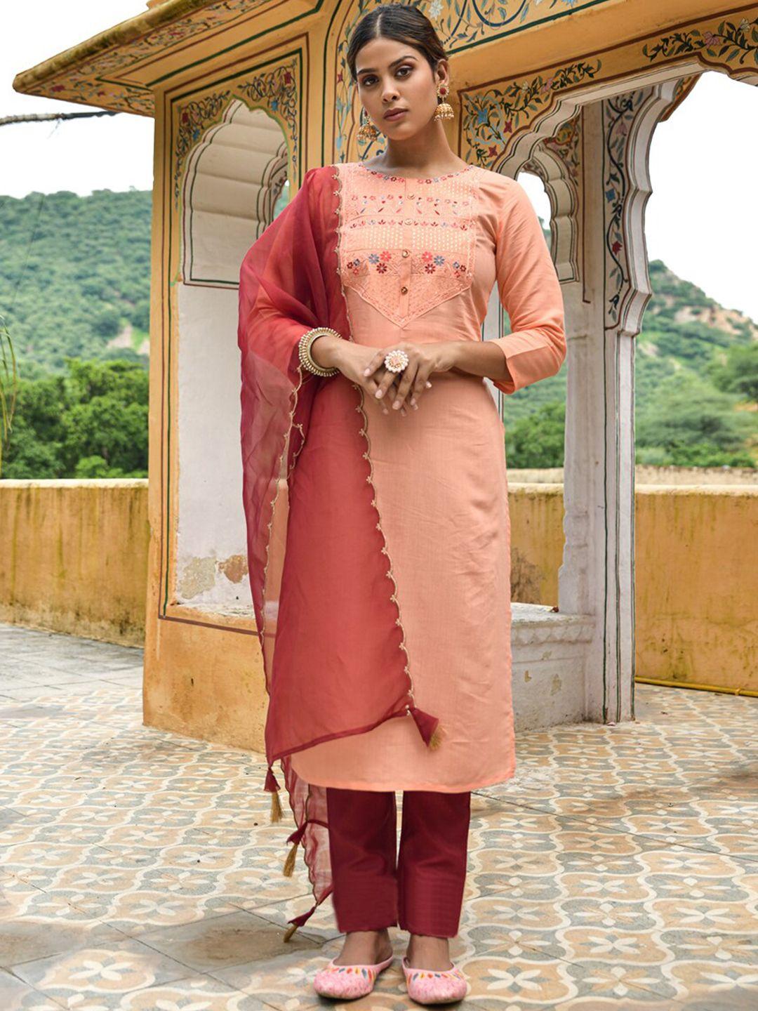 besucher ethnic motifs embroidered sequinned kurta with trousers & dupatta