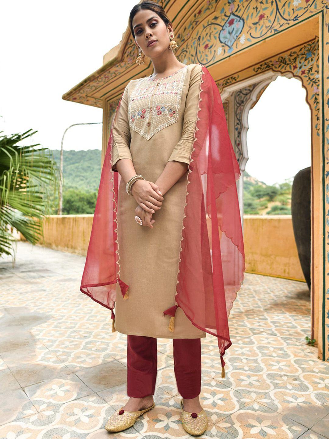 besucher floral embroidered straight kurta with trousers & dupatta