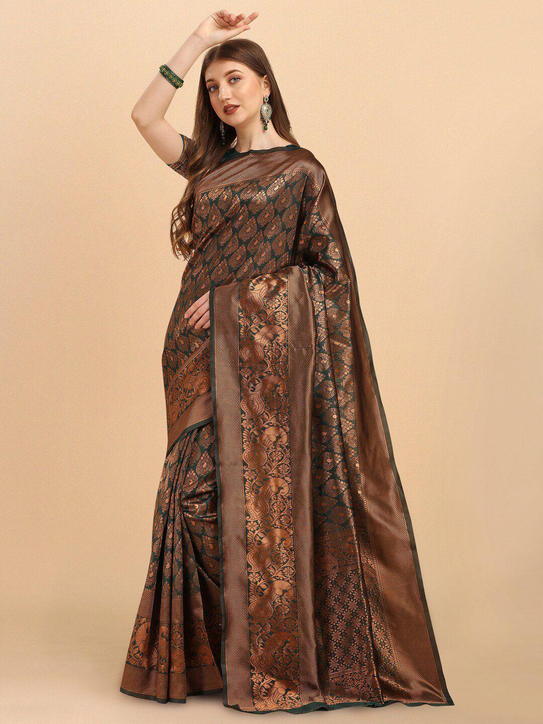 besucher green & copper-toned floral zari art silk kanjeevaram saree