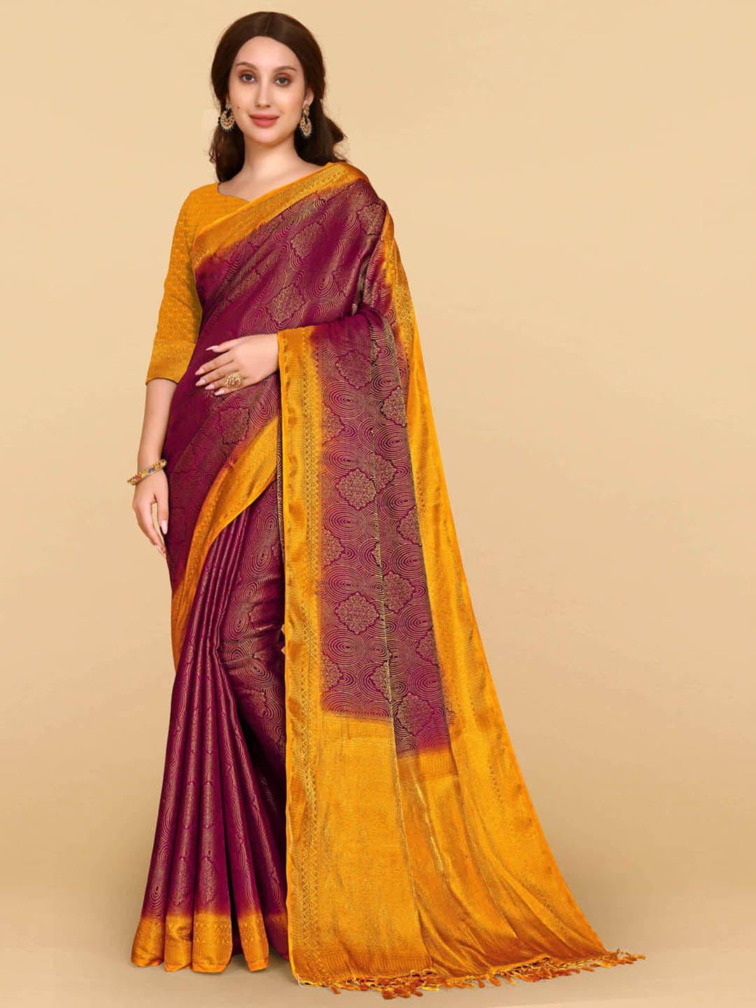 besucher maroon & yellow woven design zari banarasi saree