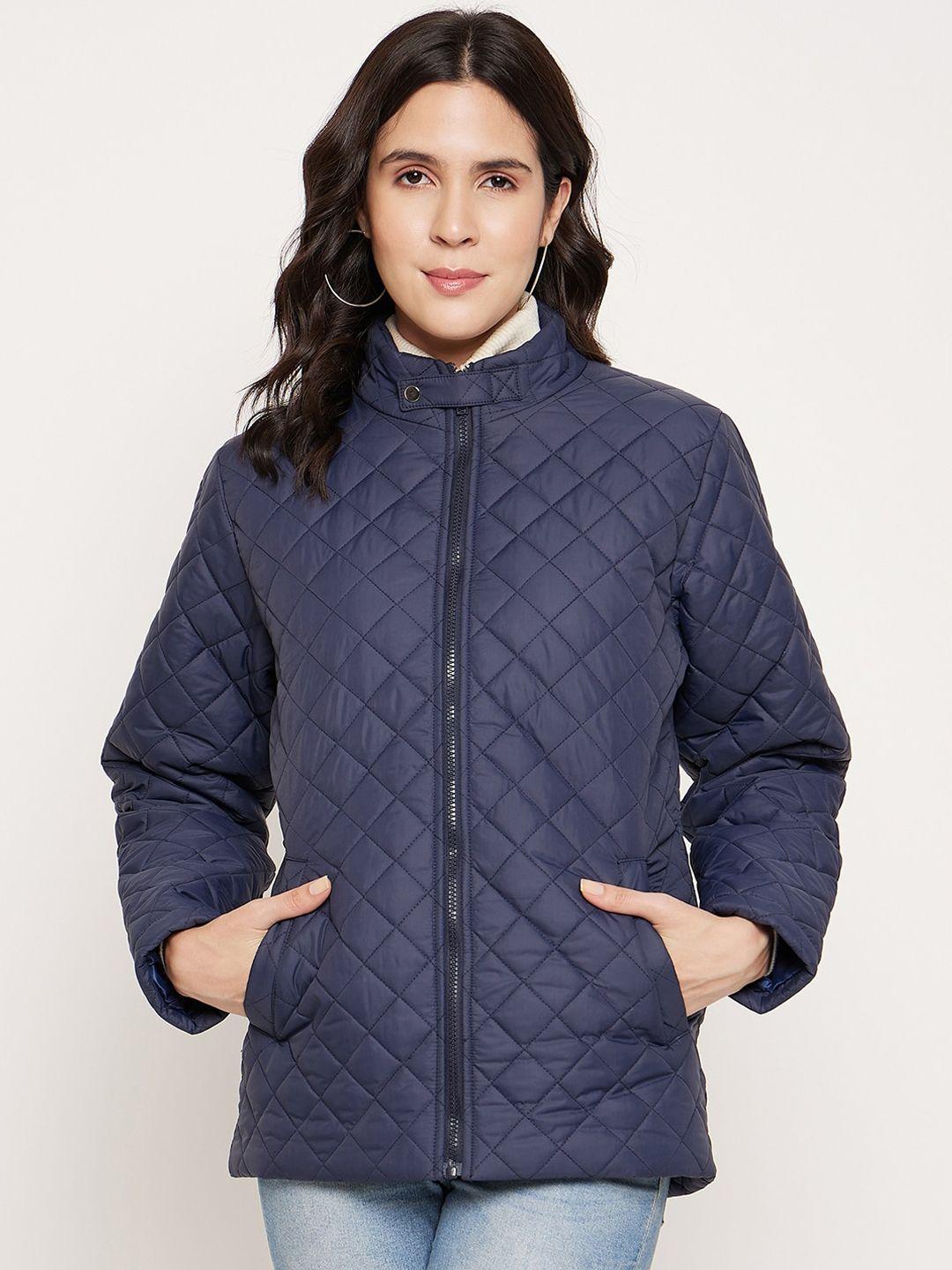 better think women navy blue geometric windcheater and water resistant quilted jacket