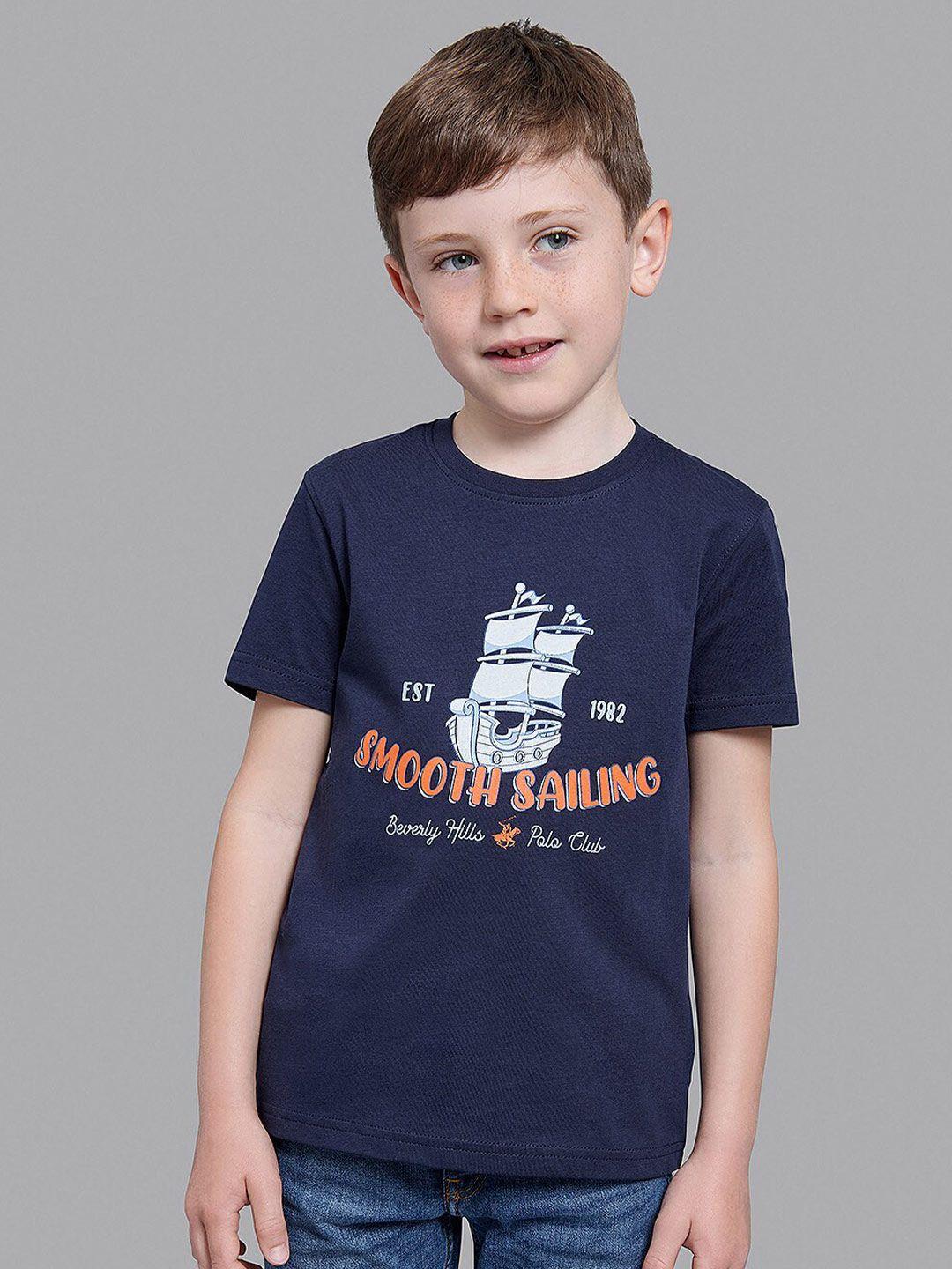 beverly hills polo club boys navy blue typography printed applique t-shirt