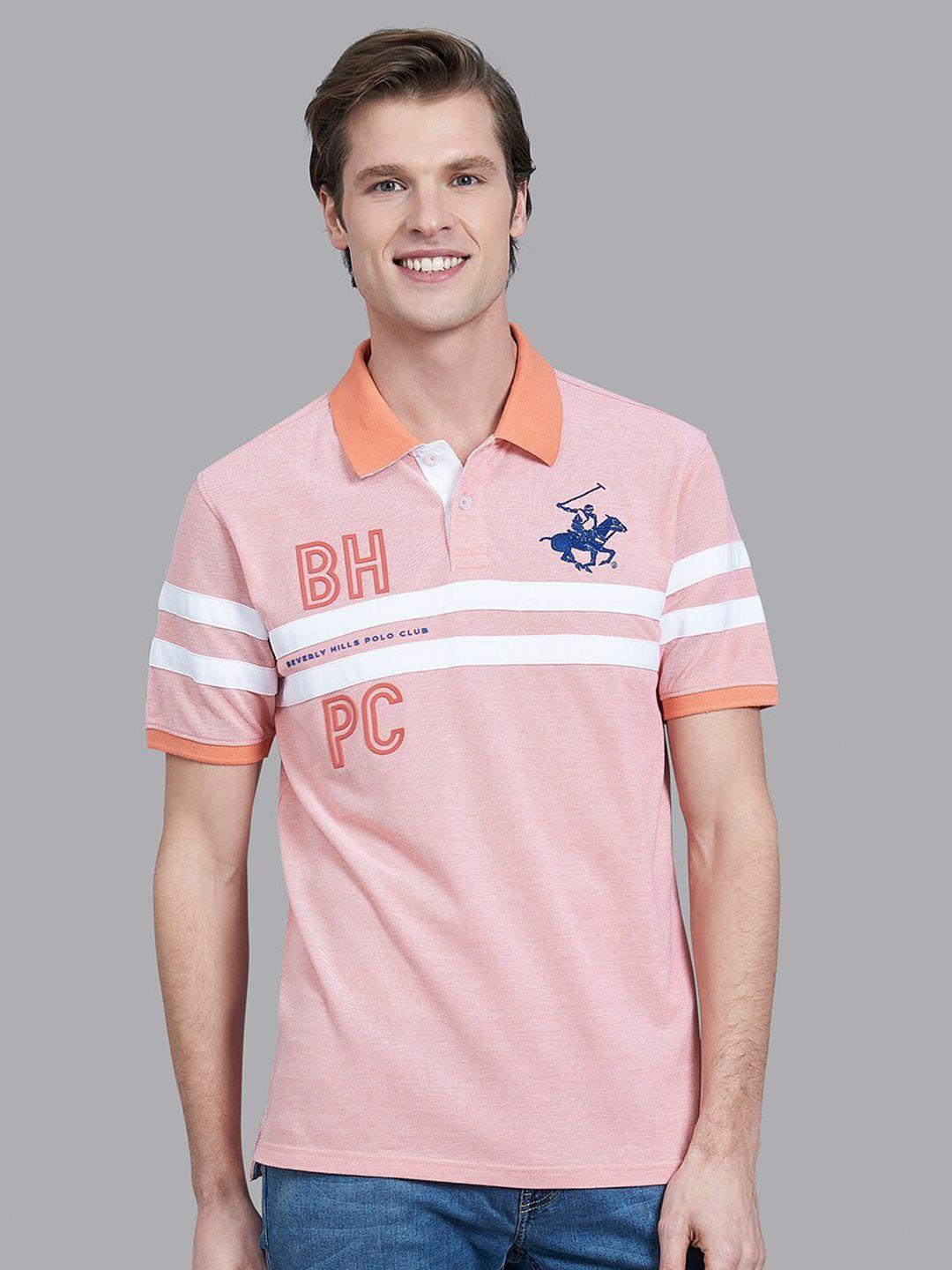 beverly hills polo club men coral & white striped polo collar t-shirt