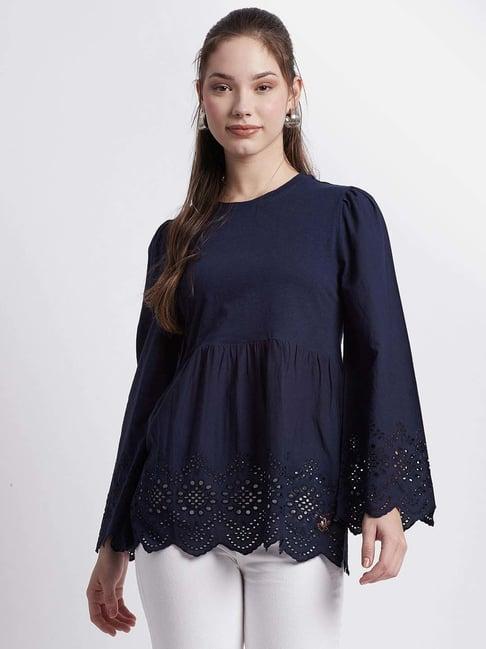 beverly hills polo club navy cotton embroidered top