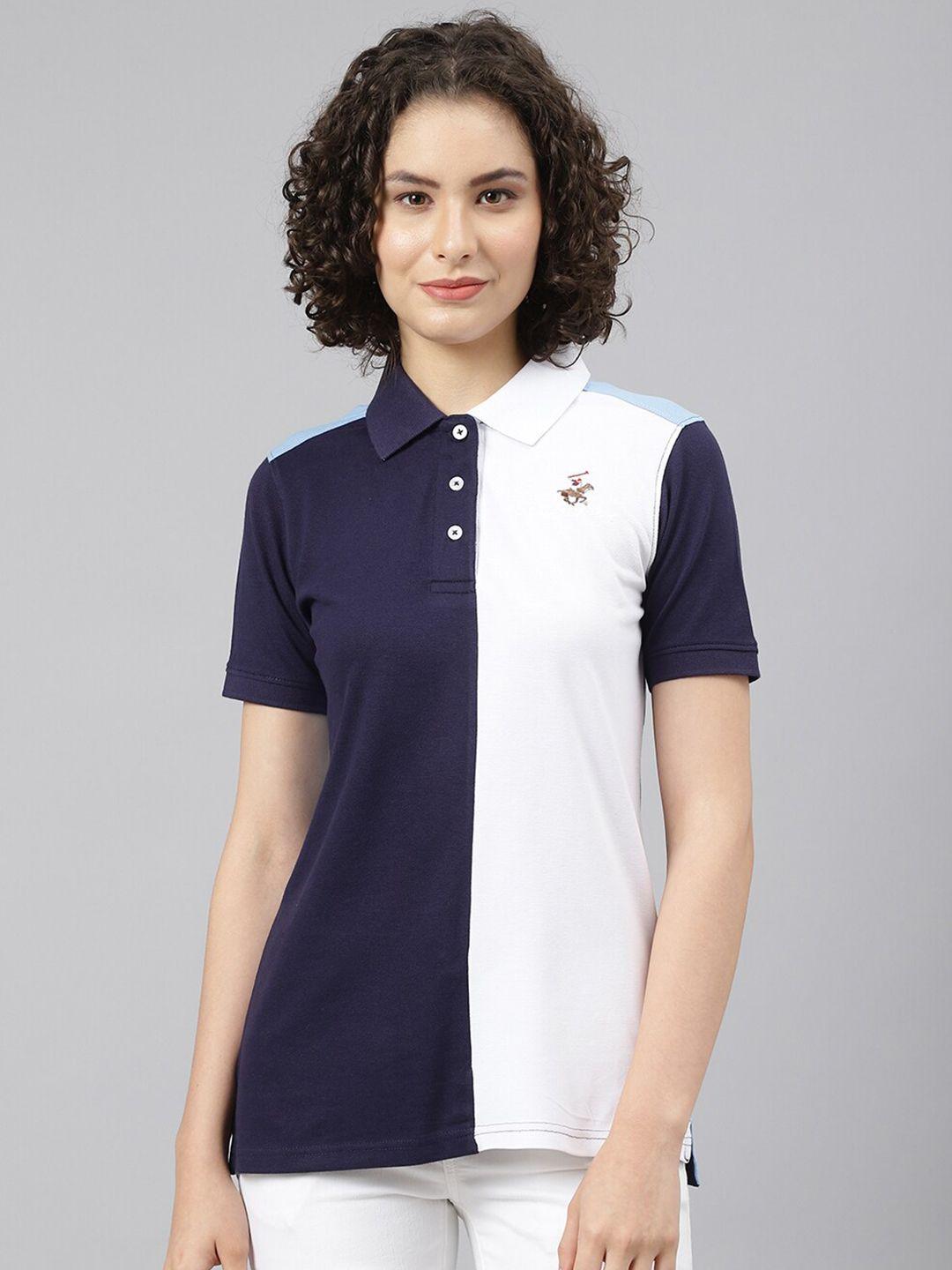 beverly hills polo club women navy blue & white colourblocked polo collar t-shirt