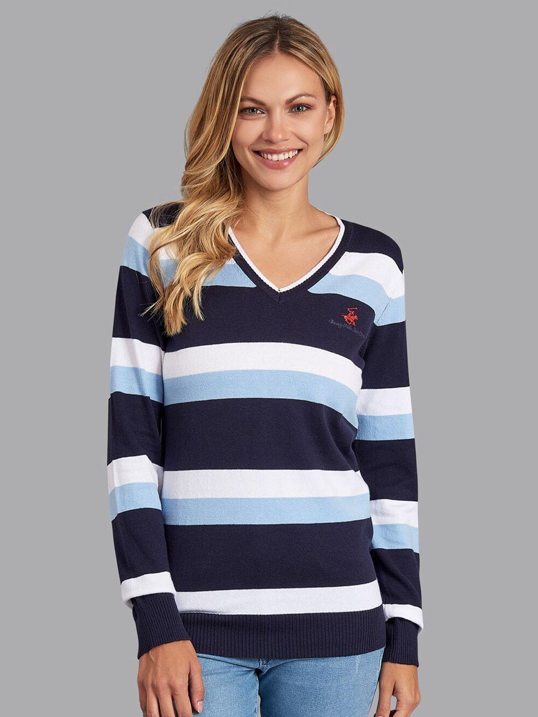 beverly hills polo club women navy blue & white yarn dye striped v-neck sweater