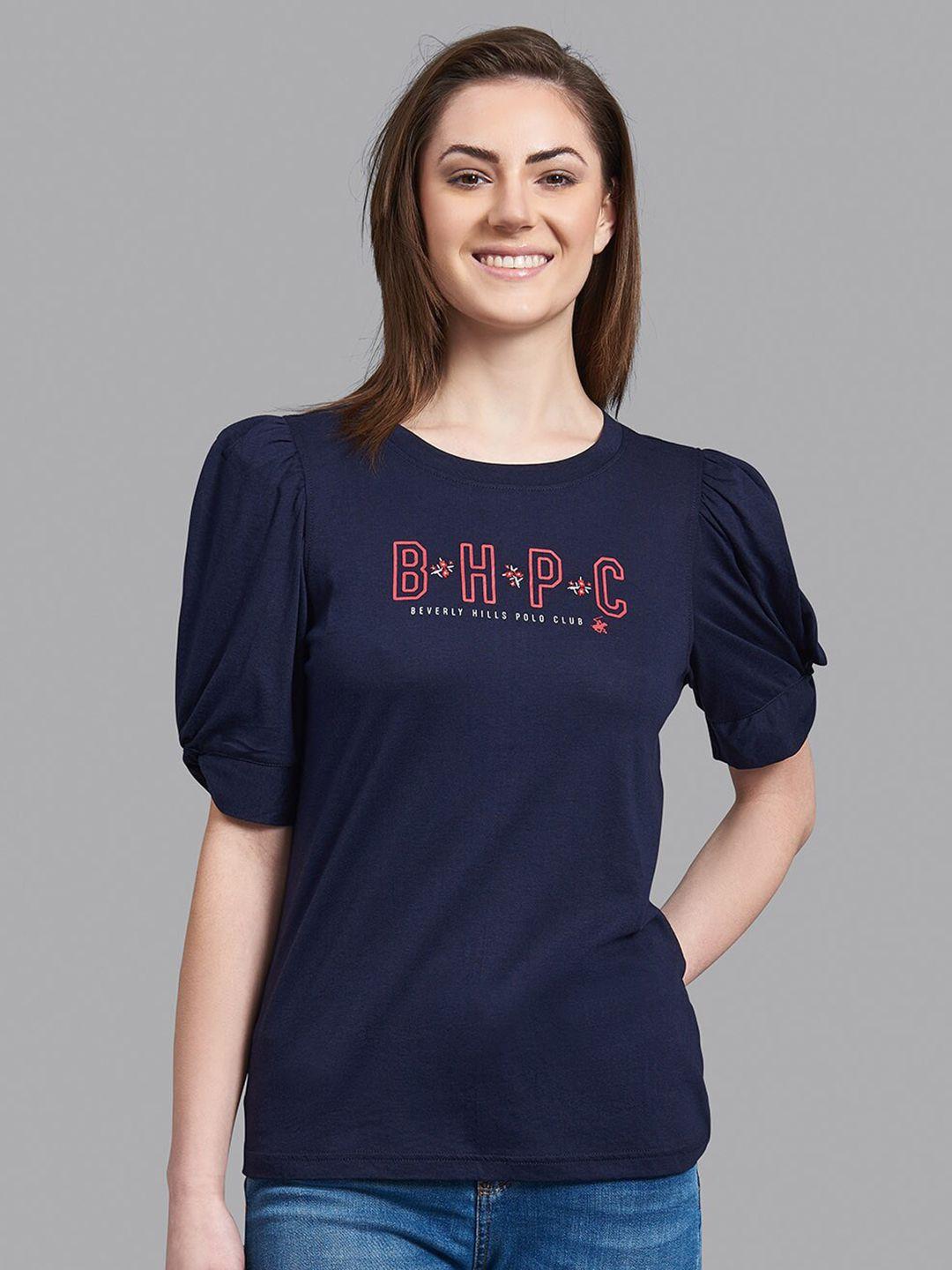 beverly hills polo club women navy blue typography printed drop-shoulder sleeves t-shirt