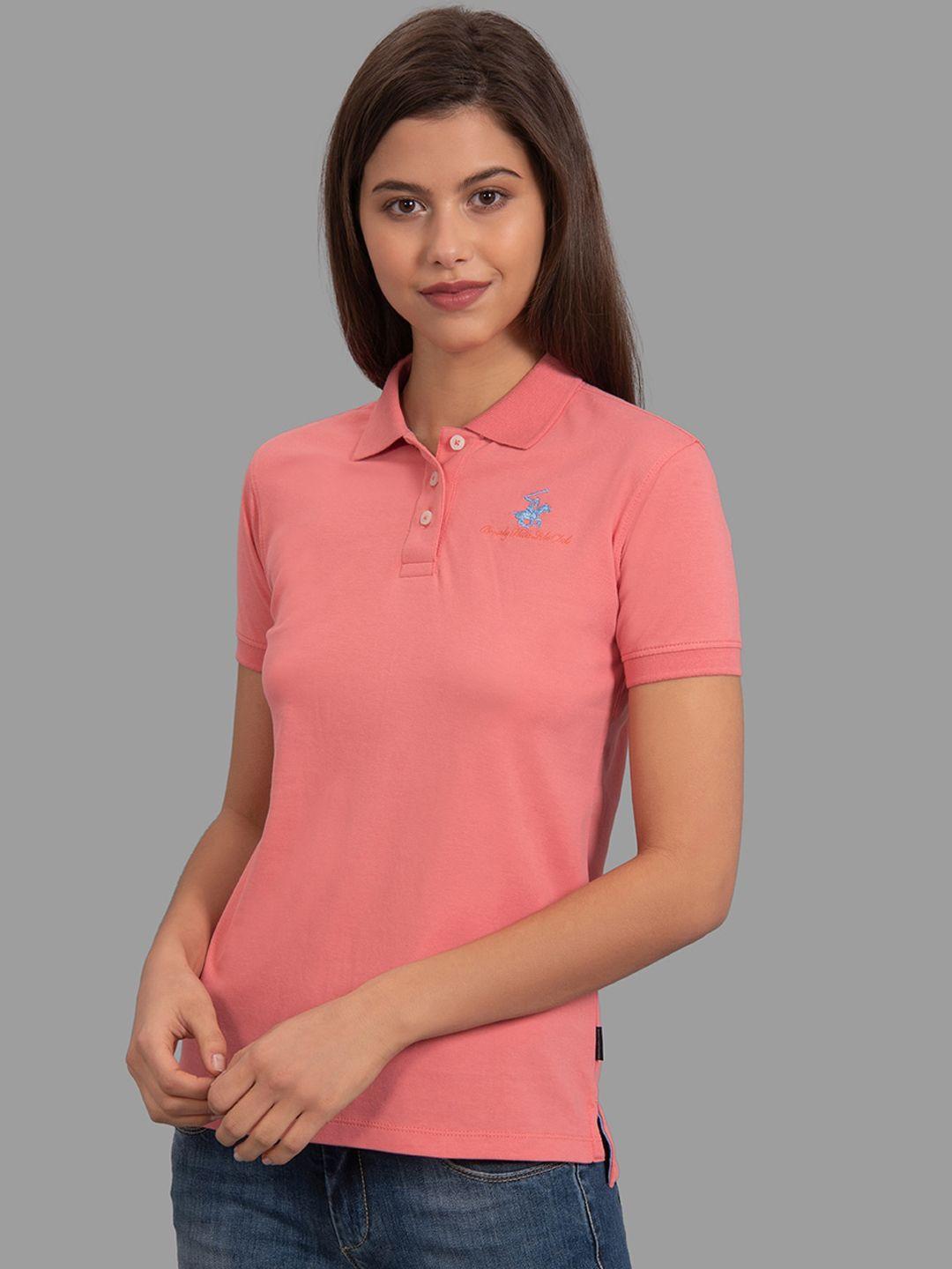 beverly hills polo club women peach-coloured solid polo collar t-shirt