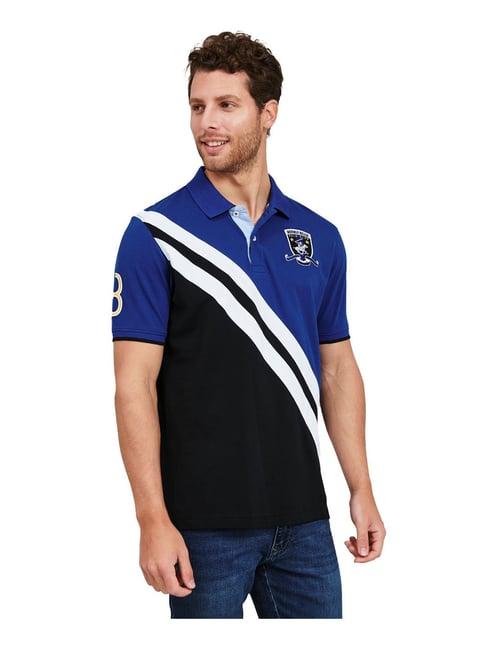 beverly hills polo club blue & black colour-block polo t-shirt