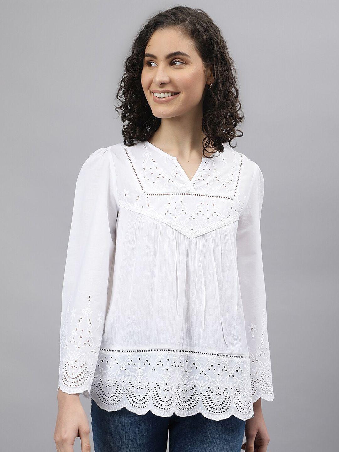 beverly hills polo club ethnic motif embroidered schiffli pure cotton top