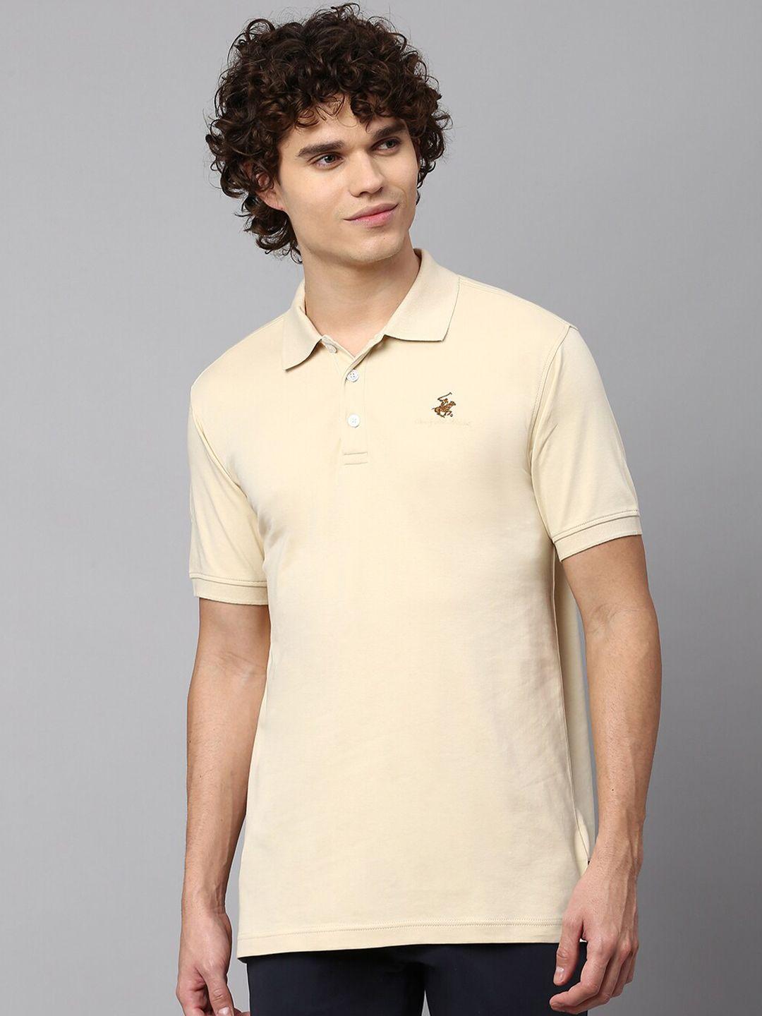 beverly hills polo club men beige polo collar applique t-shirt