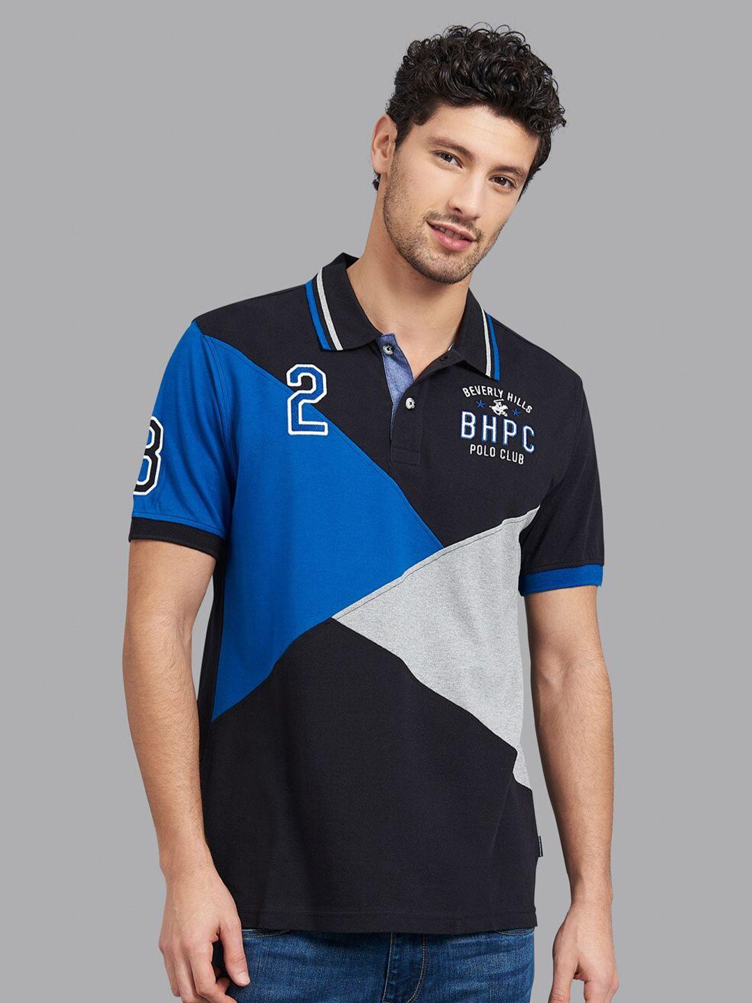 beverly hills polo club men black & blue colourblocked polo collar cotton t-shirt