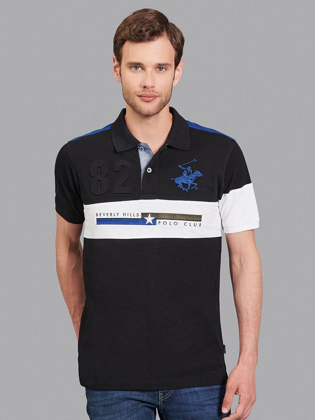 beverly hills polo club men black & white colourblocked polo collar t-shirt