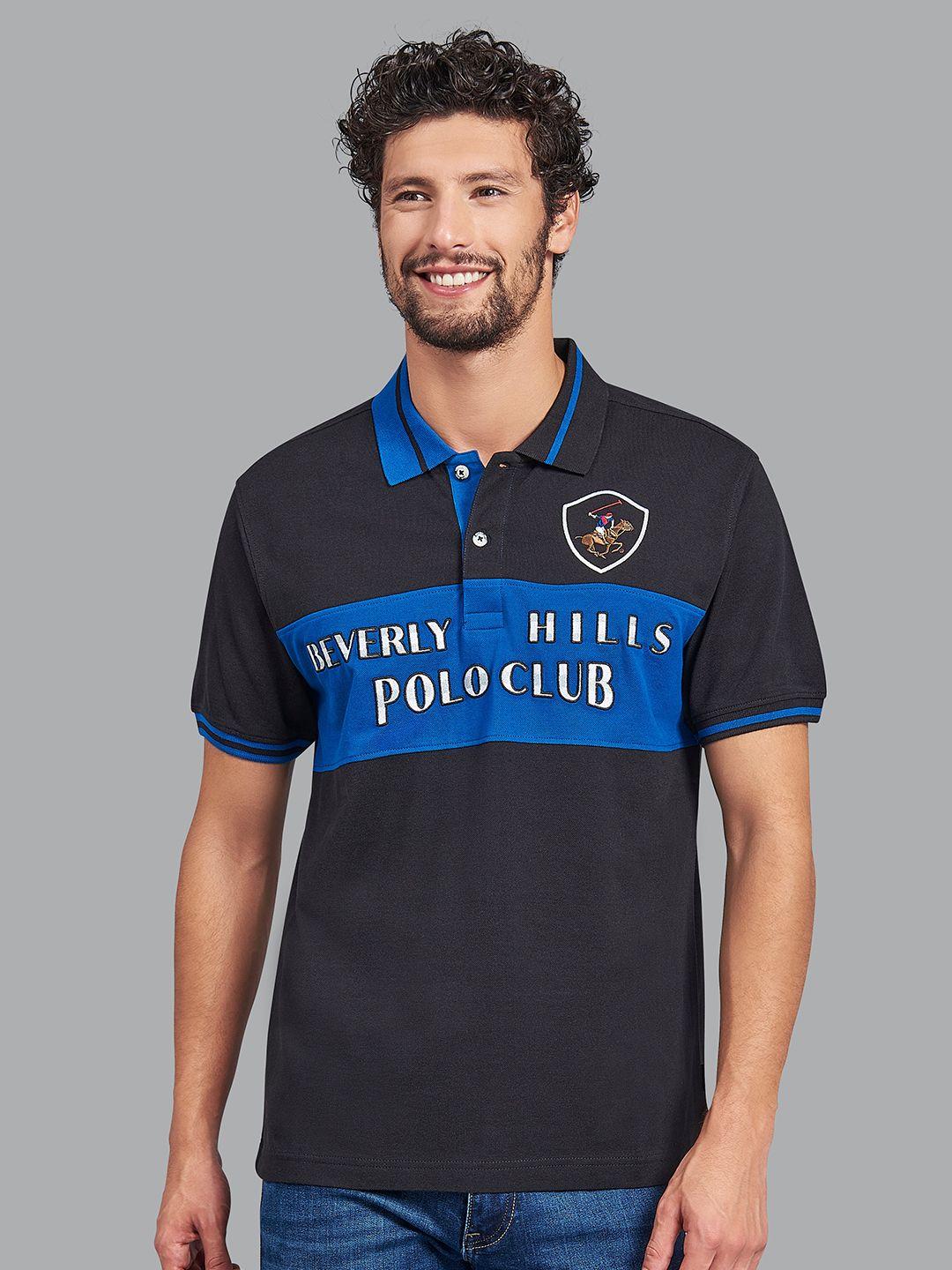 beverly hills polo club men black printed polo collar applique t-shirt