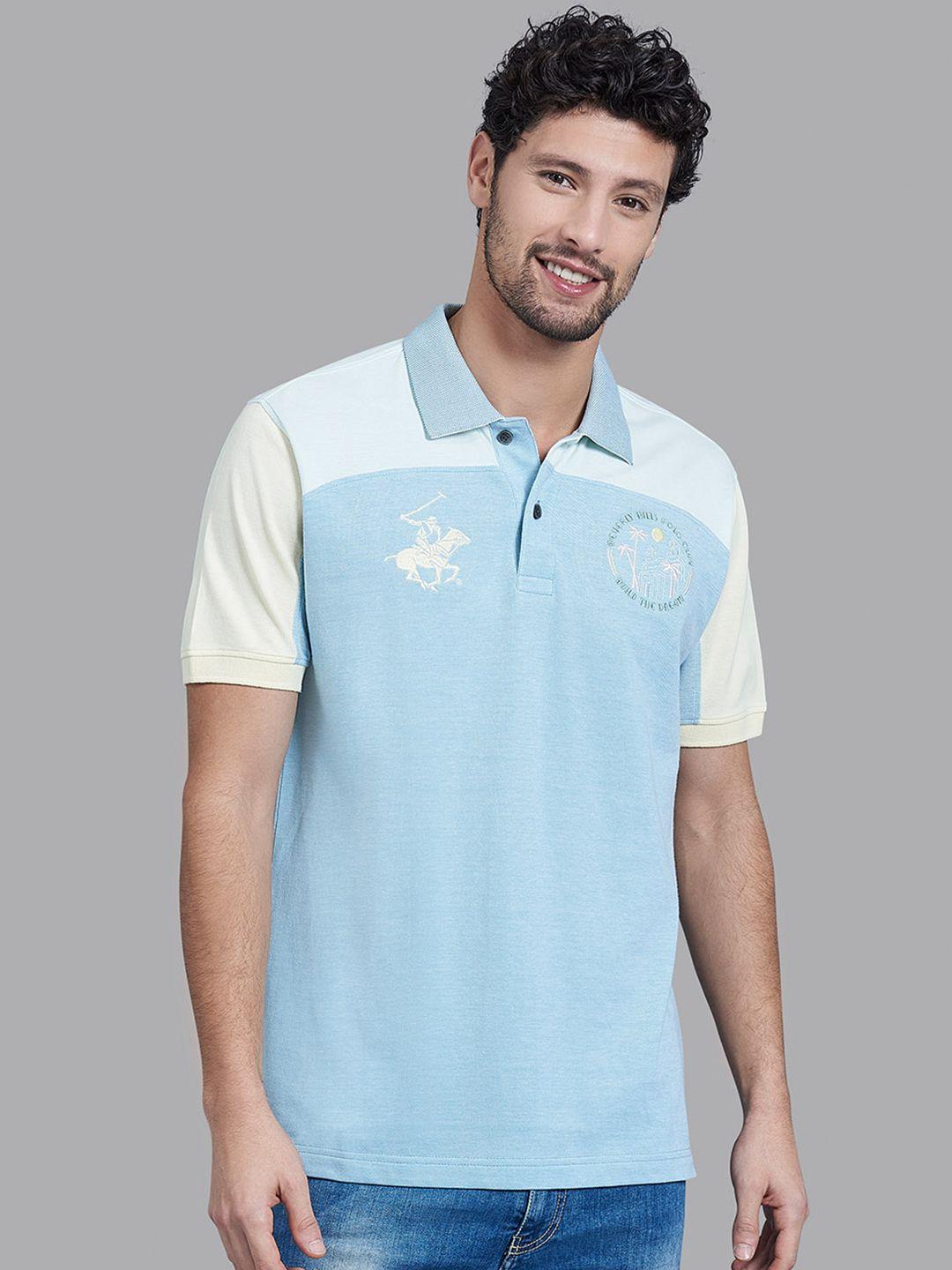 beverly hills polo club men blue colourblocked cotton polo collar t-shirt