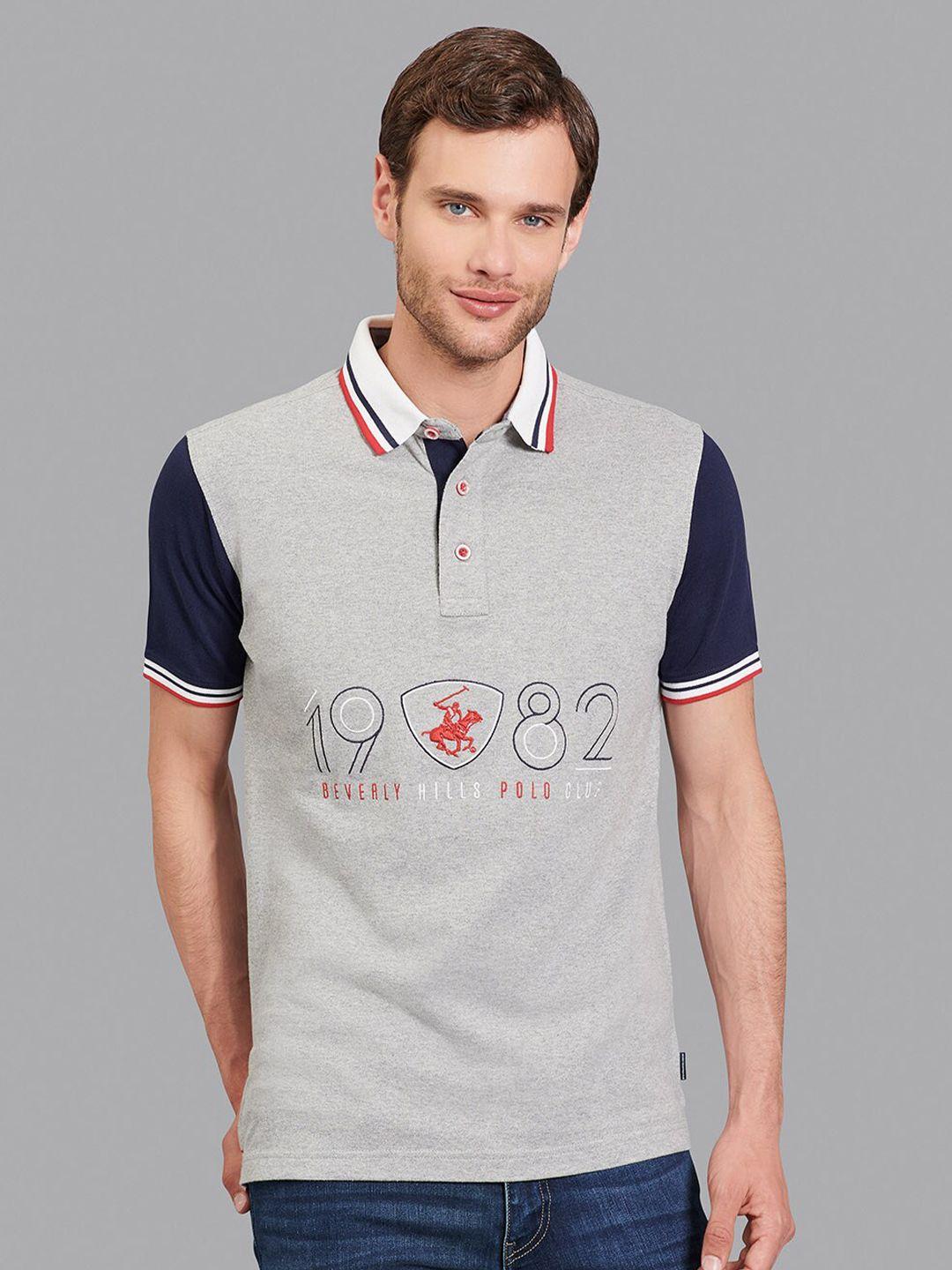 beverly hills polo club men grey & black typography colourblocked polo collar t-shirt
